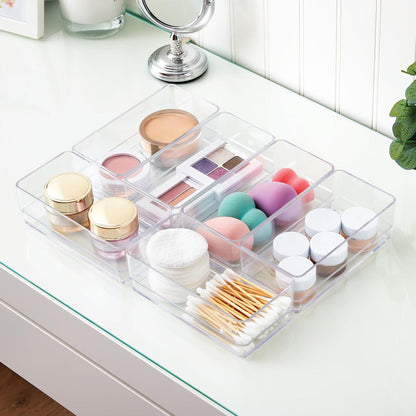 SimpleSort 6-Piece Stackable Clear Drawer Organizer Set | 12" x 3" x 2" Rectangle Trays | Narrow Makeup Vanity Storage Bins and Office Desk Drawer Dividers | Made in USA