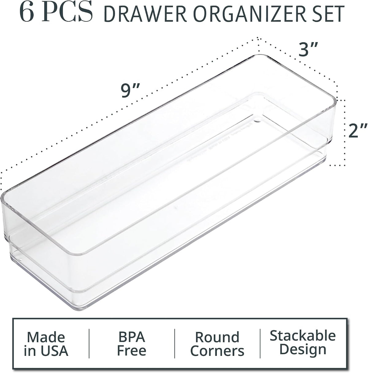 SimpleSort 6-Piece Stackable Clear Drawer Organizer Set | 12" x 3" x 2" Rectangle Trays | Narrow Makeup Vanity Storage Bins and Office Desk Drawer Dividers | Made in USA