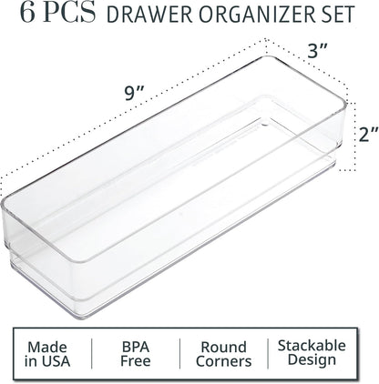 SimpleSort 6-Piece Stackable Clear Drawer Organizer Set | 12" x 3" x 2" Rectangle Trays | Narrow Makeup Vanity Storage Bins and Office Desk Drawer Dividers | Made in USA
