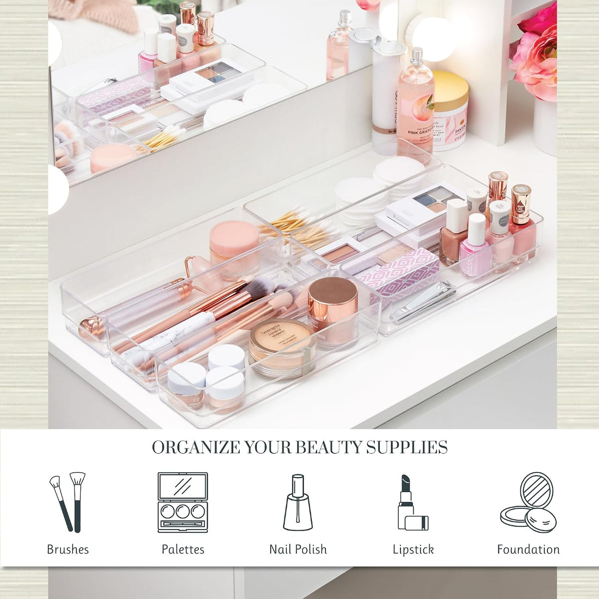 SimpleSort 6-Piece Stackable Clear Drawer Organizer Set | 12" x 3" x 2" Rectangle Trays | Narrow Makeup Vanity Storage Bins and Office Desk Drawer Dividers | Made in USA