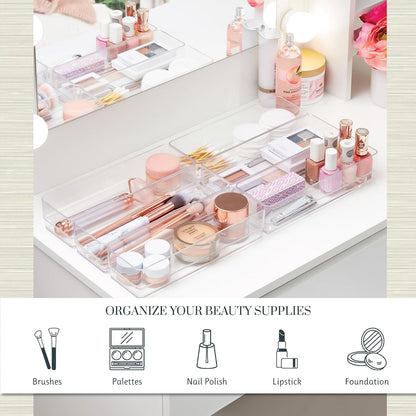SimpleSort 6-Piece Stackable Clear Drawer Organizer Set | 12" x 3" x 2" Rectangle Trays | Narrow Makeup Vanity Storage Bins and Office Desk Drawer Dividers | Made in USA