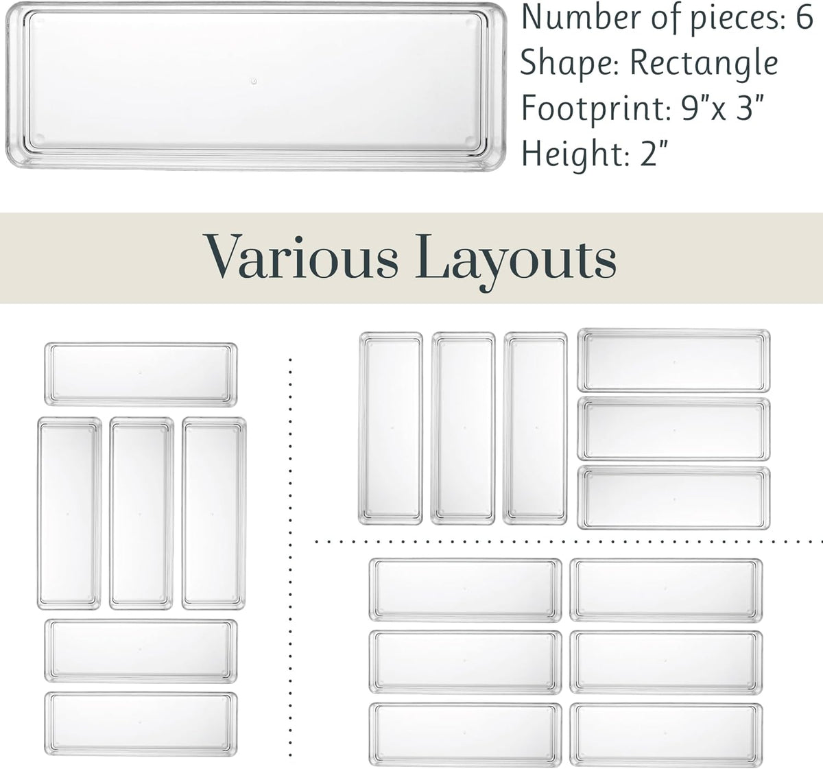 SimpleSort 6-Piece Stackable Clear Drawer Organizer Set | 12" x 3" x 2" Rectangle Trays | Narrow Makeup Vanity Storage Bins and Office Desk Drawer Dividers | Made in USA