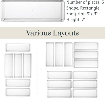 SimpleSort 6-Piece Stackable Clear Drawer Organizer Set | 12" x 3" x 2" Rectangle Trays | Narrow Makeup Vanity Storage Bins and Office Desk Drawer Dividers | Made in USA