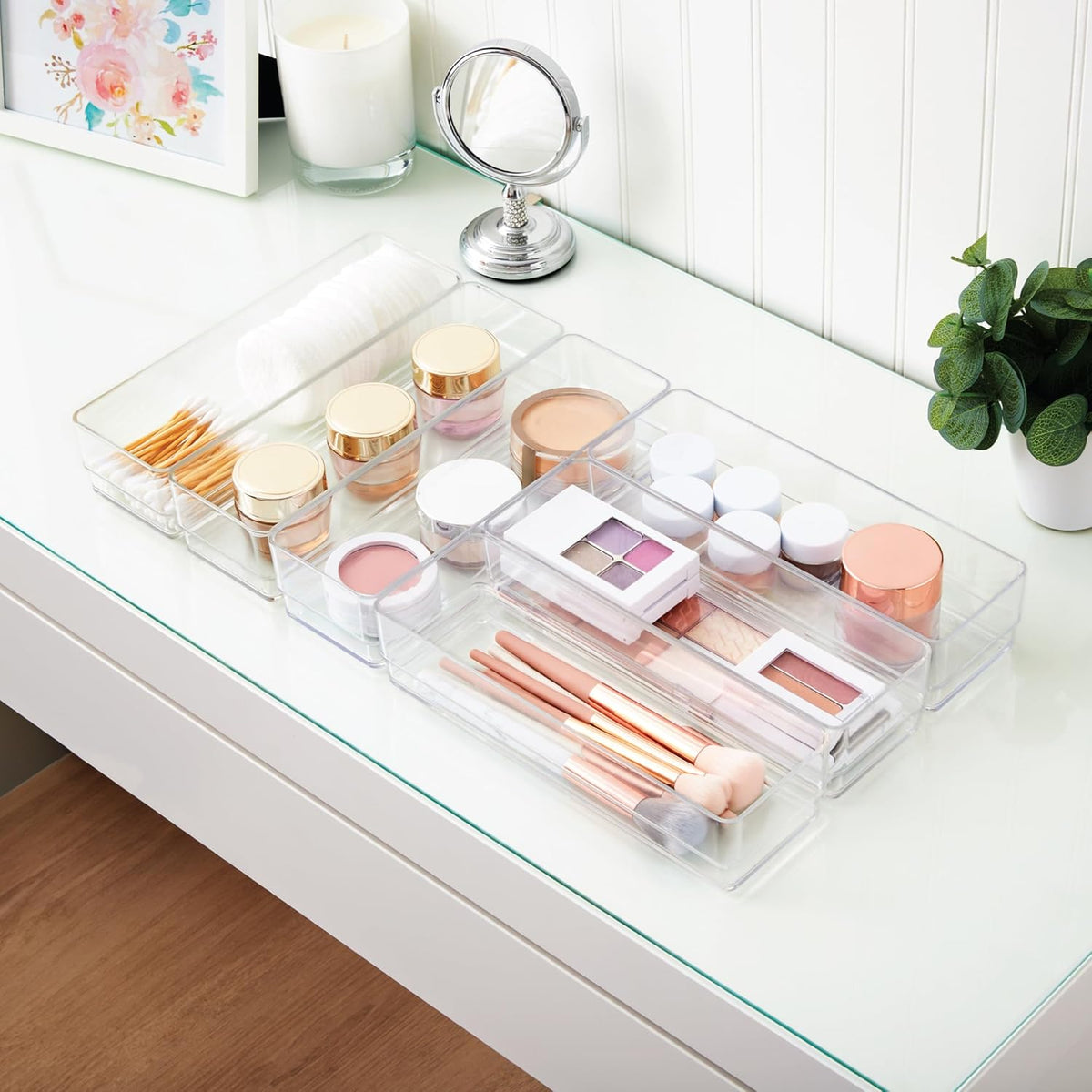 SimpleSort 6-Piece Stackable Clear Drawer Organizer Set | 12" x 3" x 2" Rectangle Trays | Narrow Makeup Vanity Storage Bins and Office Desk Drawer Dividers | Made in USA