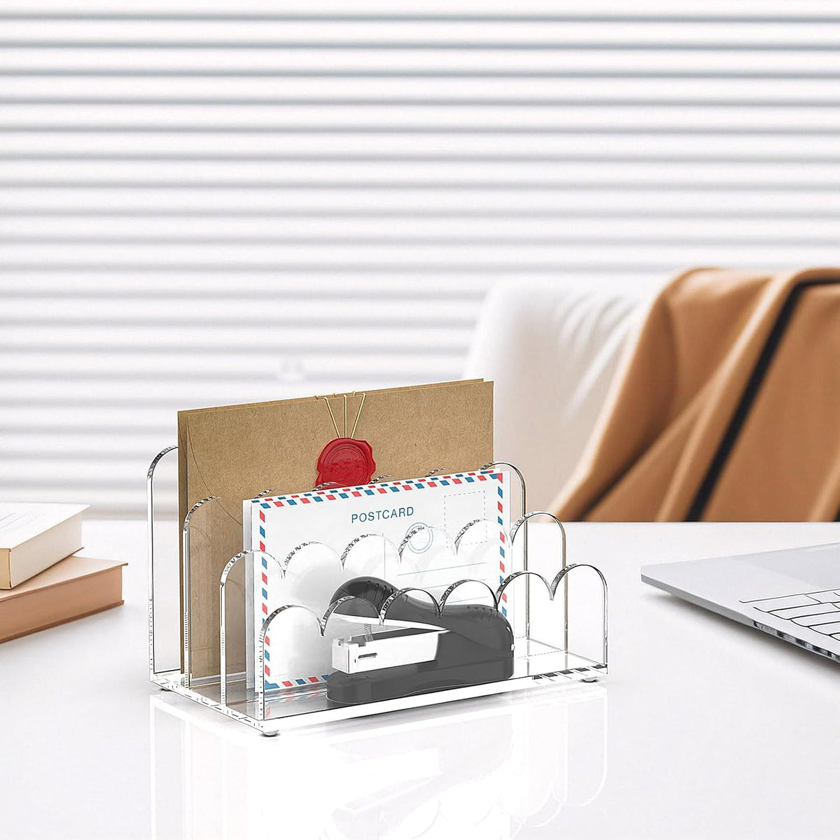 3-Slot Acrylic Mail Organizer for Desktop – Scalloped Clear Document Sorter, Vertical File Holder for Office/Home, Space-Saving Desk Organizer for Letters,Envelope,Bills,Stationery
