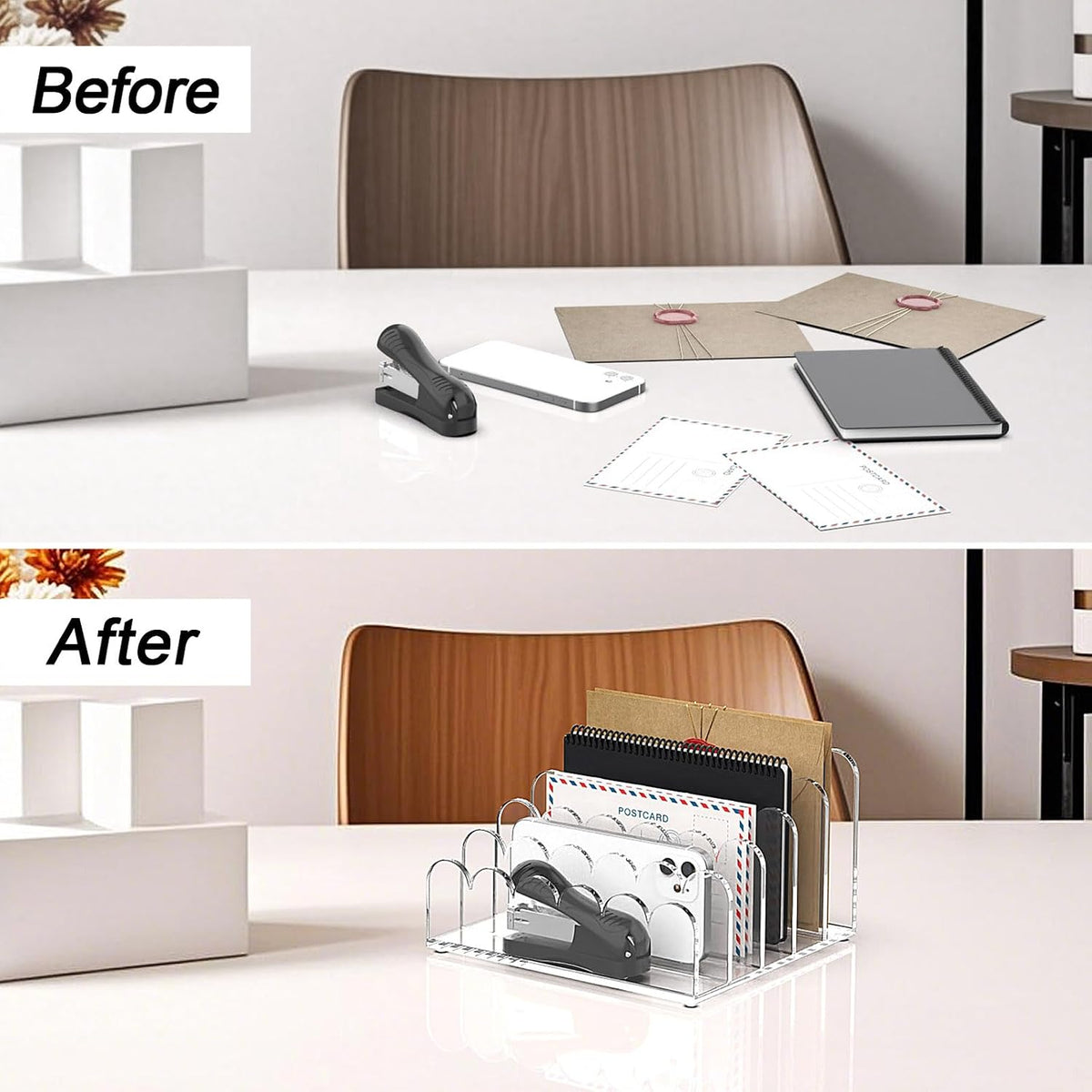 3-Slot Acrylic Mail Organizer for Desktop – Scalloped Clear Document Sorter, Vertical File Holder for Office/Home, Space-Saving Desk Organizer for Letters,Envelope,Bills,Stationery