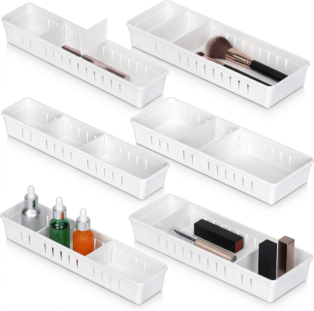 6 PCS Desk Drawer Organizer, Bathroom Drawer Organizer Trays with Dividers Adjustable, 3 Small 3 Large Makeup Organizer Bins, White Drawer Dividers for Vanity Clothes Junk Kitchen Utensil
