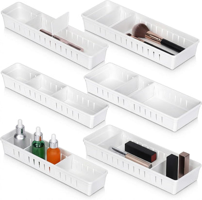 6 PCS Desk Drawer Organizer, Bathroom Drawer Organizer Trays with Dividers Adjustable, 3 Small 3 Large Makeup Organizer Bins, White Drawer Dividers for Vanity Clothes Junk Kitchen Utensil