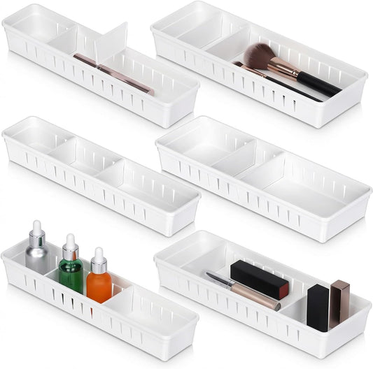 6 PCS Desk Drawer Organizer, Bathroom Drawer Organizer Trays with Dividers Adjustable, 3 Small 3 Large Makeup Organizer Bins, White Drawer Dividers for Vanity Clothes Junk Kitchen Utensil