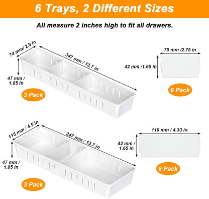 6 PCS Desk Drawer Organizer, Bathroom Drawer Organizer Trays with Dividers Adjustable, 3 Small 3 Large Makeup Organizer Bins, White Drawer Dividers for Vanity Clothes Junk Kitchen Utensil