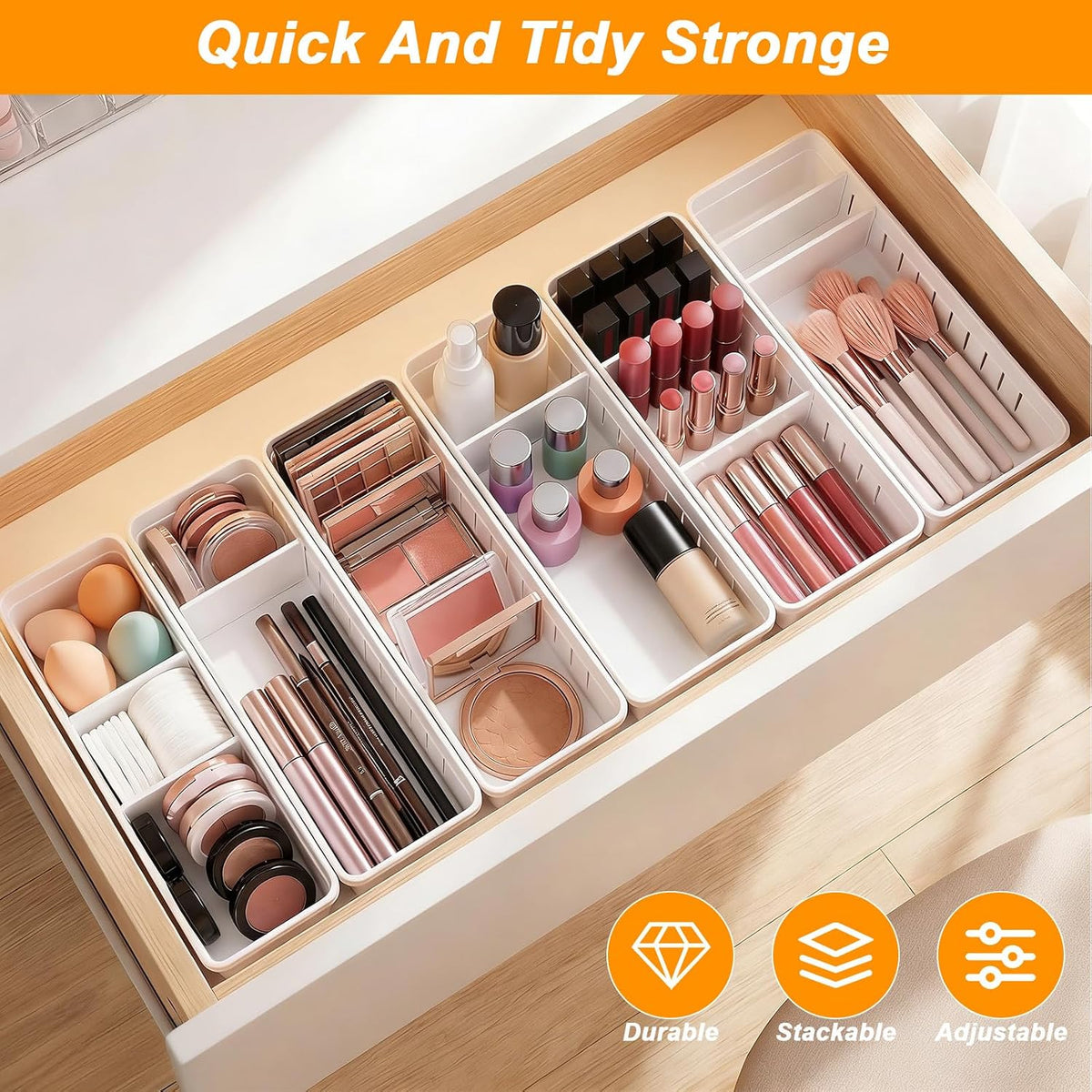 6 PCS Desk Drawer Organizer, Bathroom Drawer Organizer Trays with Dividers Adjustable, 3 Small 3 Large Makeup Organizer Bins, White Drawer Dividers for Vanity Clothes Junk Kitchen Utensil