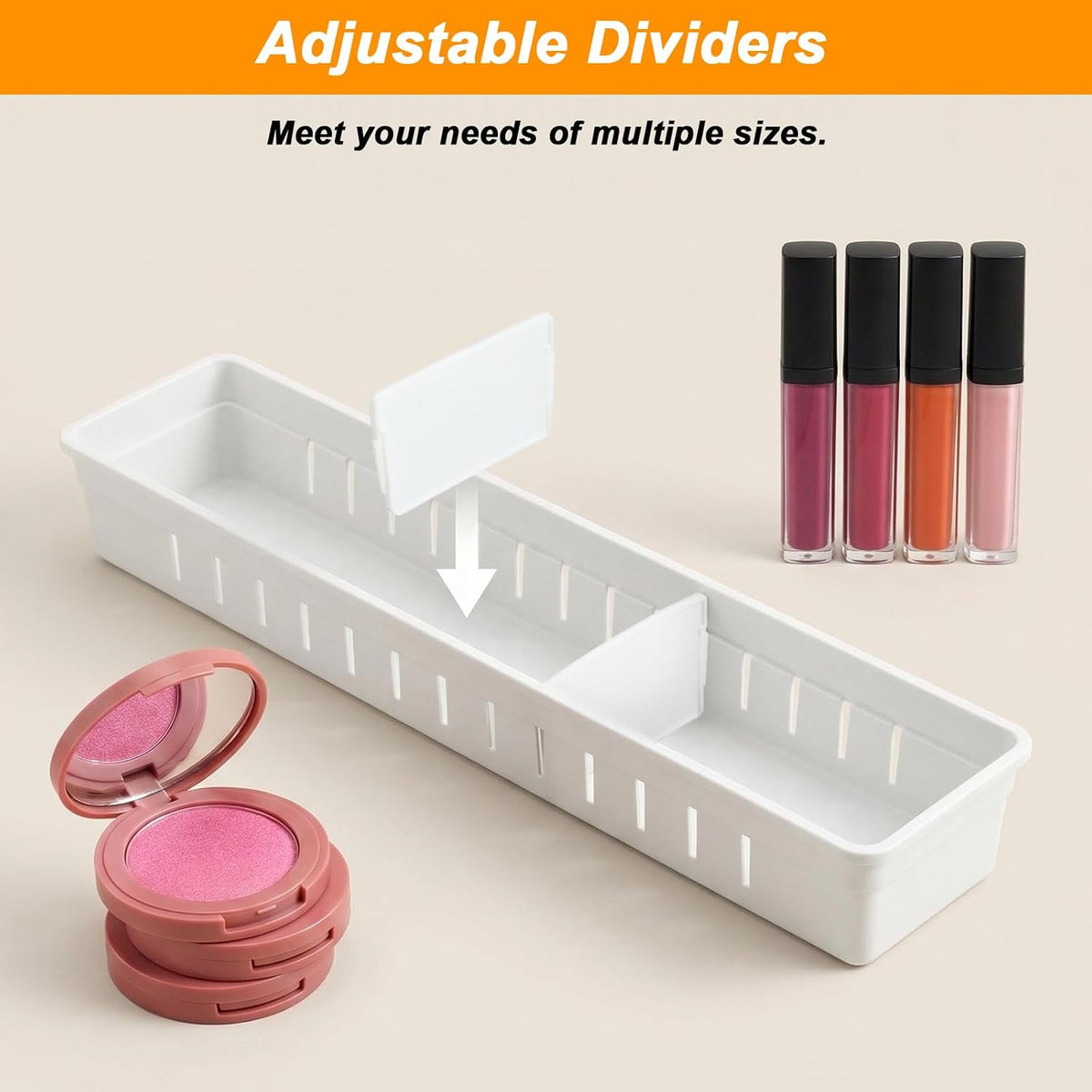 6 PCS Desk Drawer Organizer, Bathroom Drawer Organizer Trays with Dividers Adjustable, 3 Small 3 Large Makeup Organizer Bins, White Drawer Dividers for Vanity Clothes Junk Kitchen Utensil