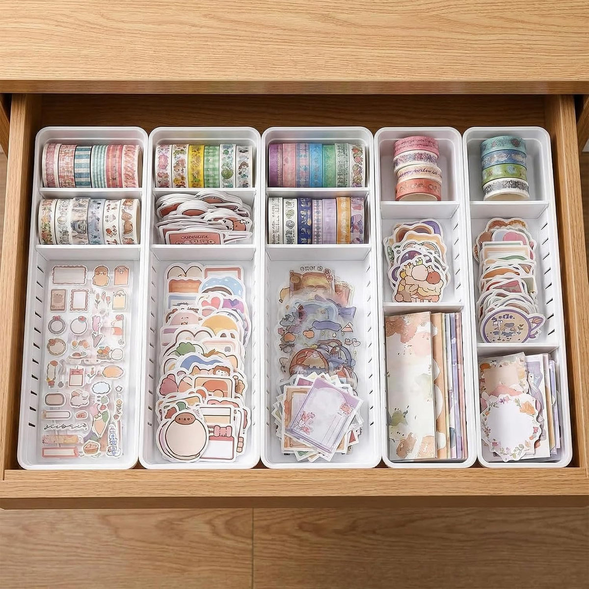 6 PCS Desk Drawer Organizer, Bathroom Drawer Organizer Trays with Dividers Adjustable, 3 Small 3 Large Makeup Organizer Bins, White Drawer Dividers for Vanity Clothes Junk Kitchen Utensil