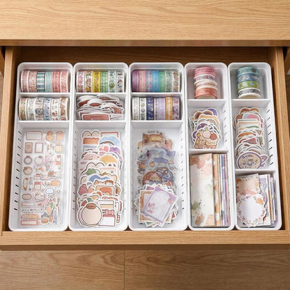 6 PCS Desk Drawer Organizer, Bathroom Drawer Organizer Trays with Dividers Adjustable, 3 Small 3 Large Makeup Organizer Bins, White Drawer Dividers for Vanity Clothes Junk Kitchen Utensil