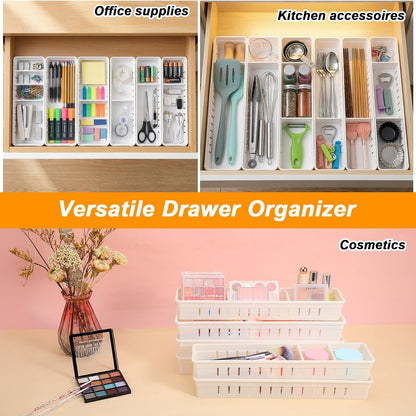 6 PCS Desk Drawer Organizer, Bathroom Drawer Organizer Trays with Dividers Adjustable, 3 Small 3 Large Makeup Organizer Bins, White Drawer Dividers for Vanity Clothes Junk Kitchen Utensil