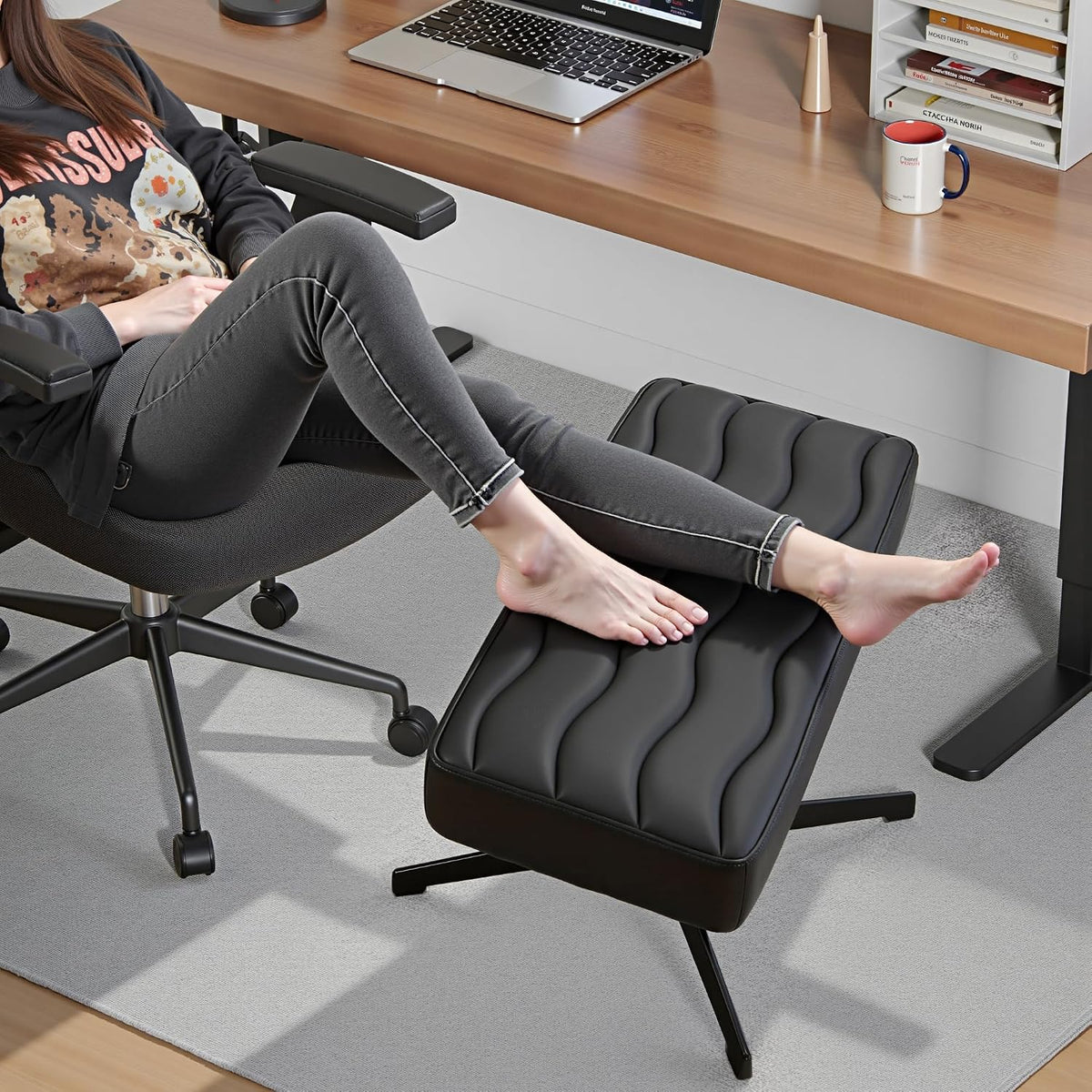 Under Desk Footrest, PU Ergonomic Foot Rest with Comfort Padding, Height Adjustable for Relieving Leg Pain, Stiffness, and etc, Black