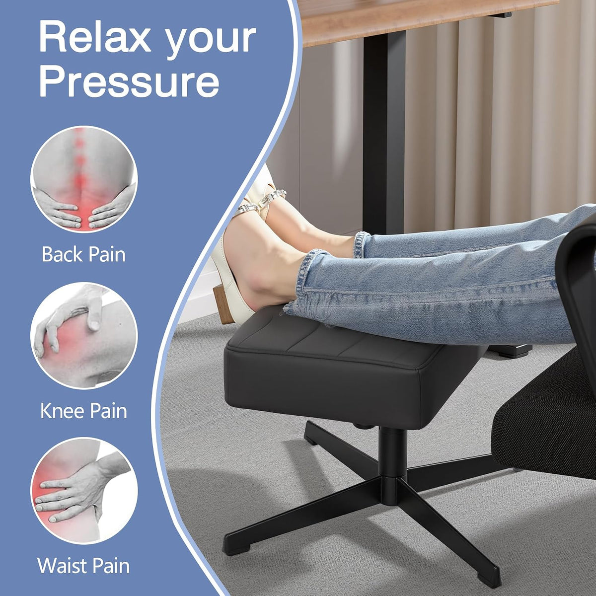 Under Desk Footrest, PU Ergonomic Foot Rest with Comfort Padding, Height Adjustable for Relieving Leg Pain, Stiffness, and etc, Black