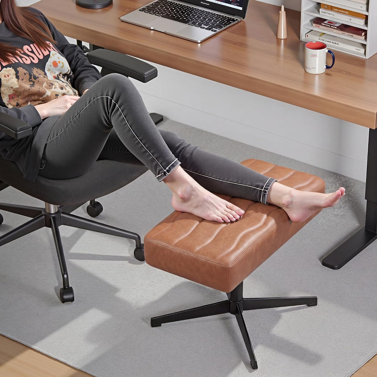 Under Desk Footrest, PU Ergonomic Foot Rest with Comfort Padding, Height Adjustable for Relieving Leg Pain, Stiffness, and etc, Black