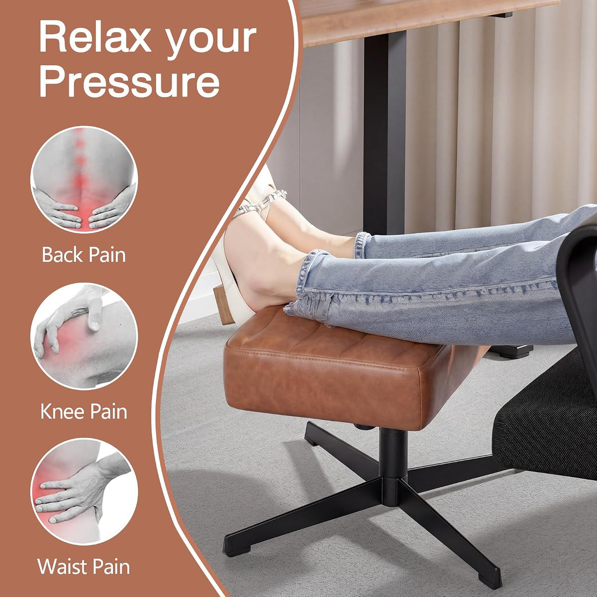 Under Desk Footrest, PU Ergonomic Foot Rest with Comfort Padding, Height Adjustable for Relieving Leg Pain, Stiffness, and etc, Black