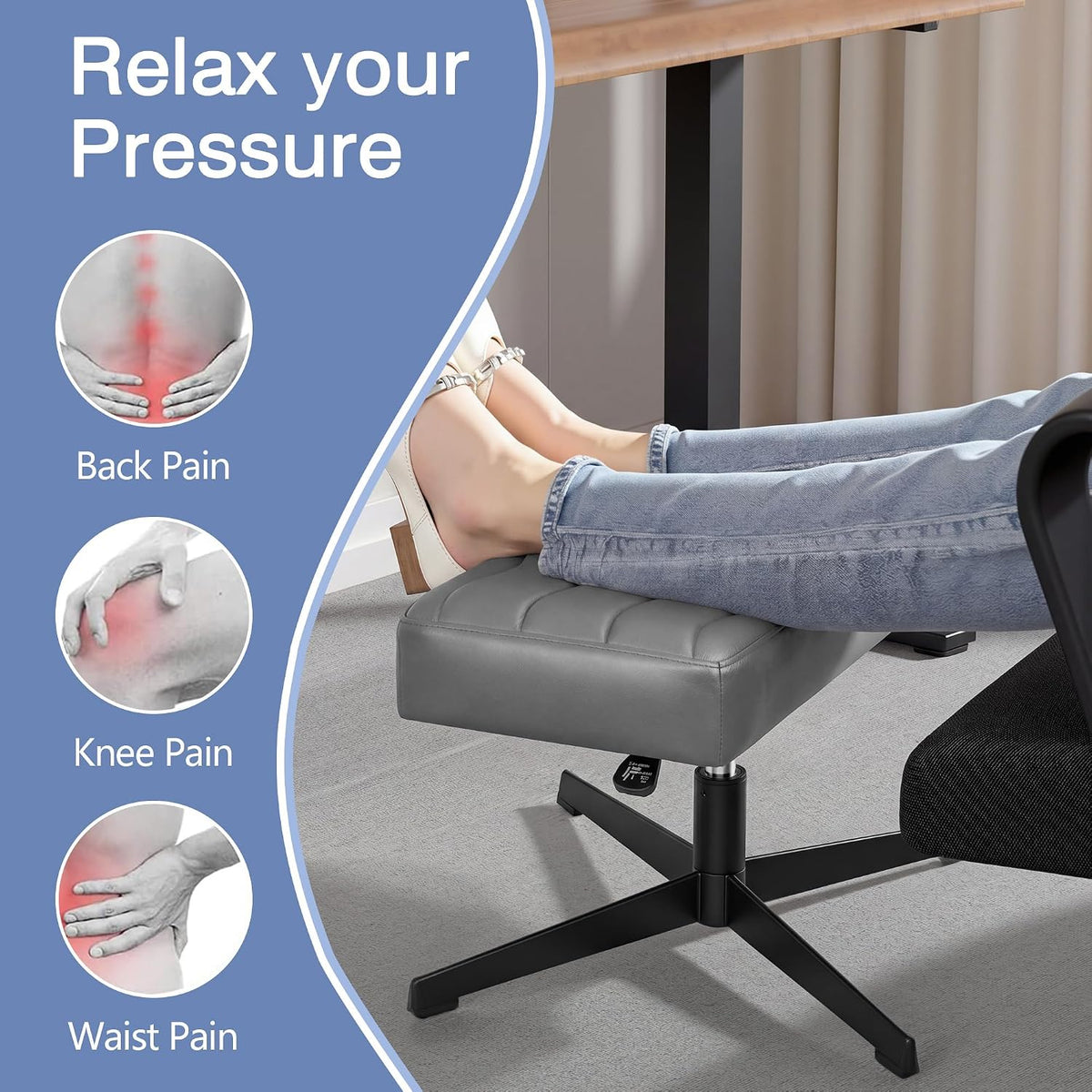 Under Desk Footrest, PU Ergonomic Foot Rest with Comfort Padding, Height Adjustable for Relieving Leg Pain, Stiffness, and etc, Black