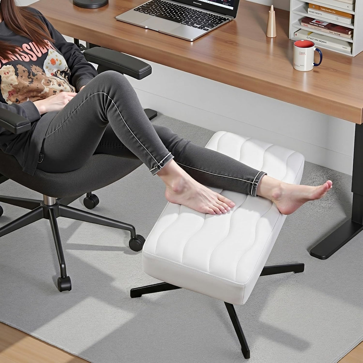 Under Desk Footrest, PU Ergonomic Foot Rest with Comfort Padding, Height Adjustable for Relieving Leg Pain, Stiffness, and etc, Black