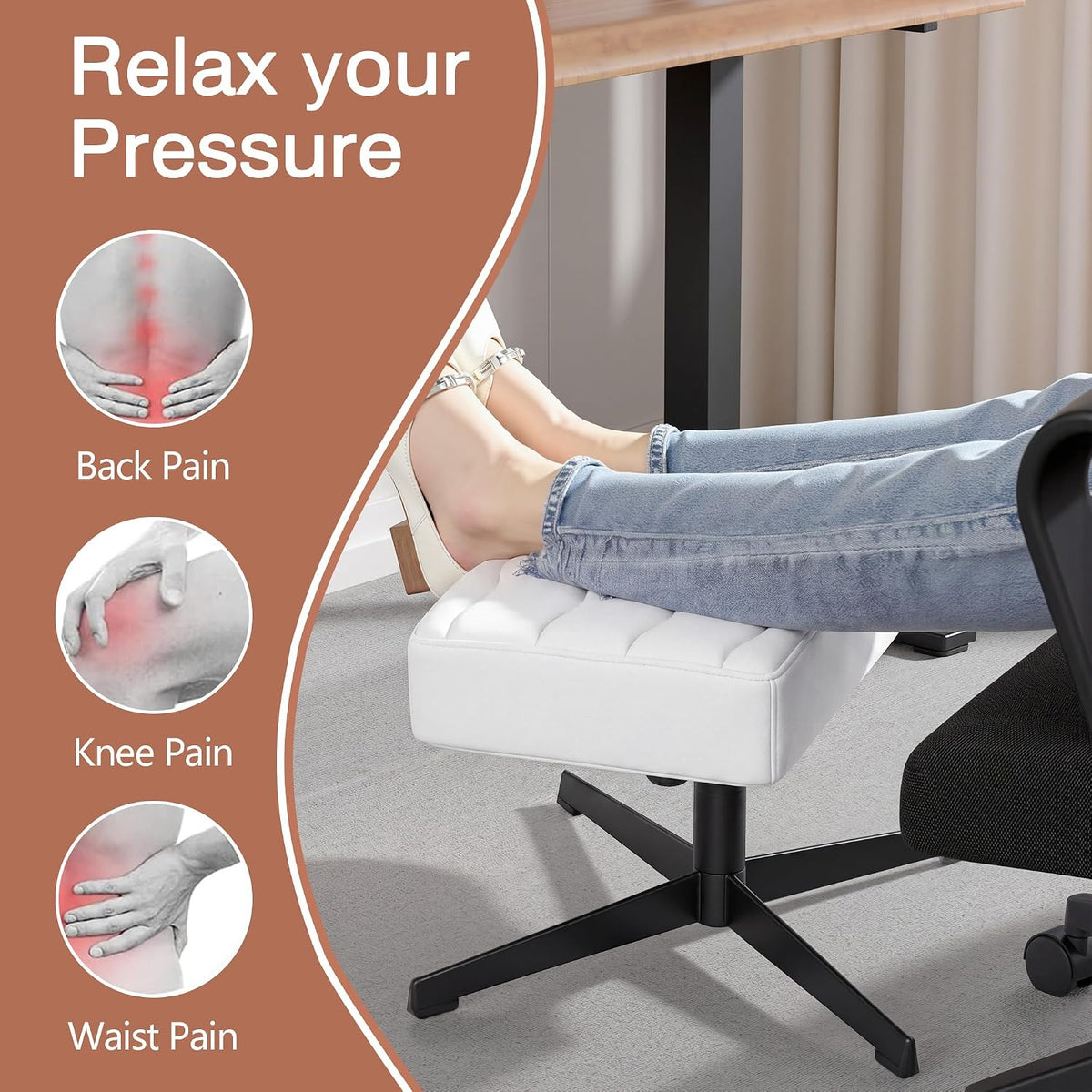 Under Desk Footrest, PU Ergonomic Foot Rest with Comfort Padding, Height Adjustable for Relieving Leg Pain, Stiffness, and etc, Black