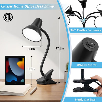 Clip On LED Desk Lamp, Flexible Arm, Eye-Caring Study Lamps for School Dorm