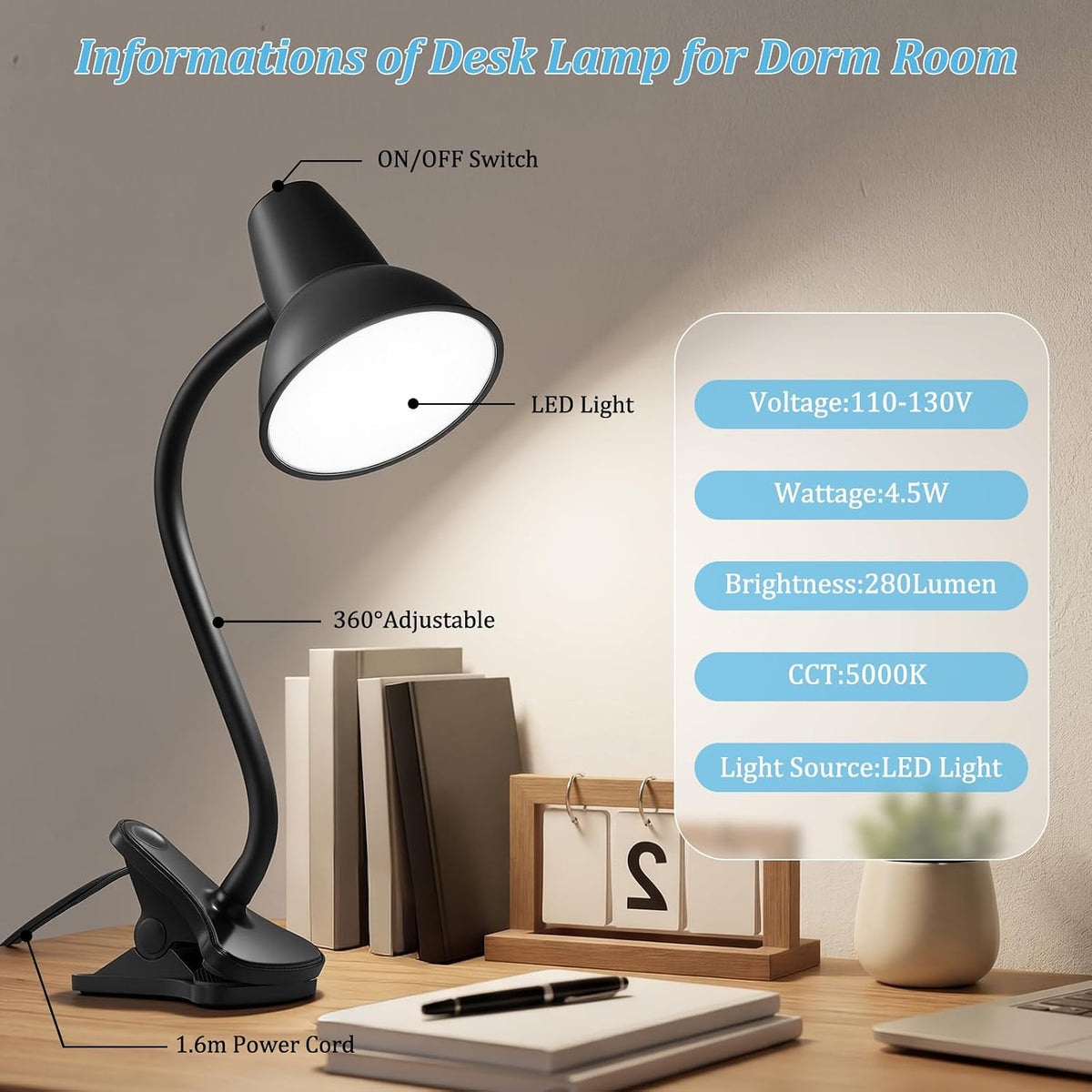 Clip On LED Desk Lamp, Flexible Arm, Eye-Caring Study Lamps for School Dorm
