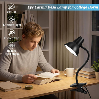 Clip On LED Desk Lamp, Flexible Arm, Eye-Caring Study Lamps for School Dorm