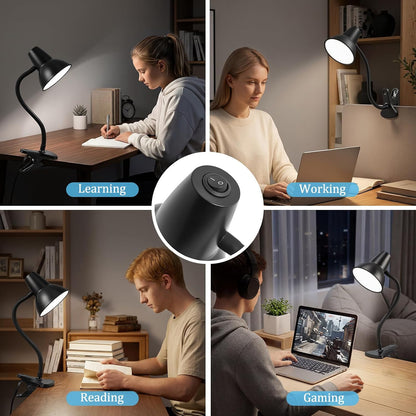 Clip On LED Desk Lamp, Flexible Arm, Eye-Caring Study Lamps for School Dorm