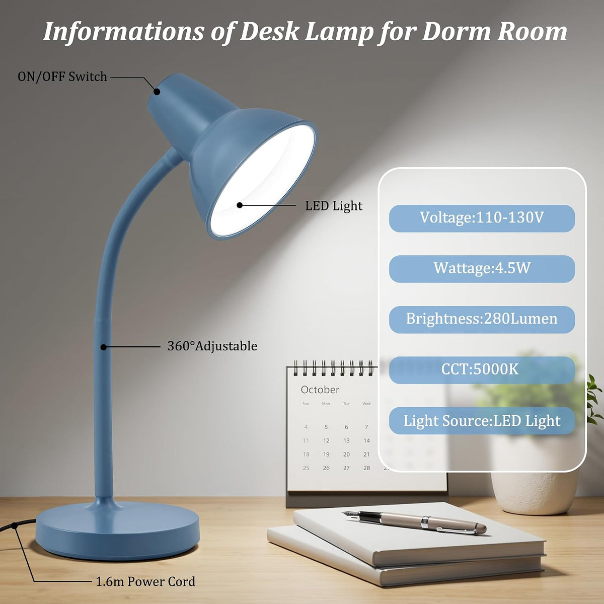 Clip On LED Desk Lamp, Flexible Arm, Eye-Caring Study Lamps for School Dorm