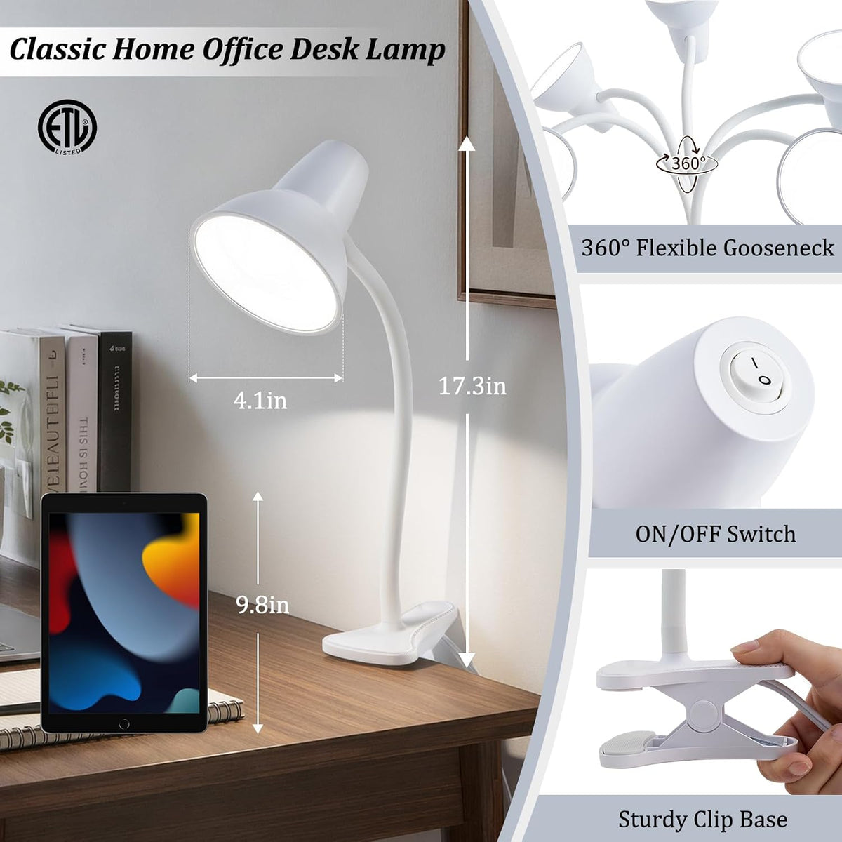 Clip On LED Desk Lamp, Flexible Arm, Eye-Caring Study Lamps for School Dorm
