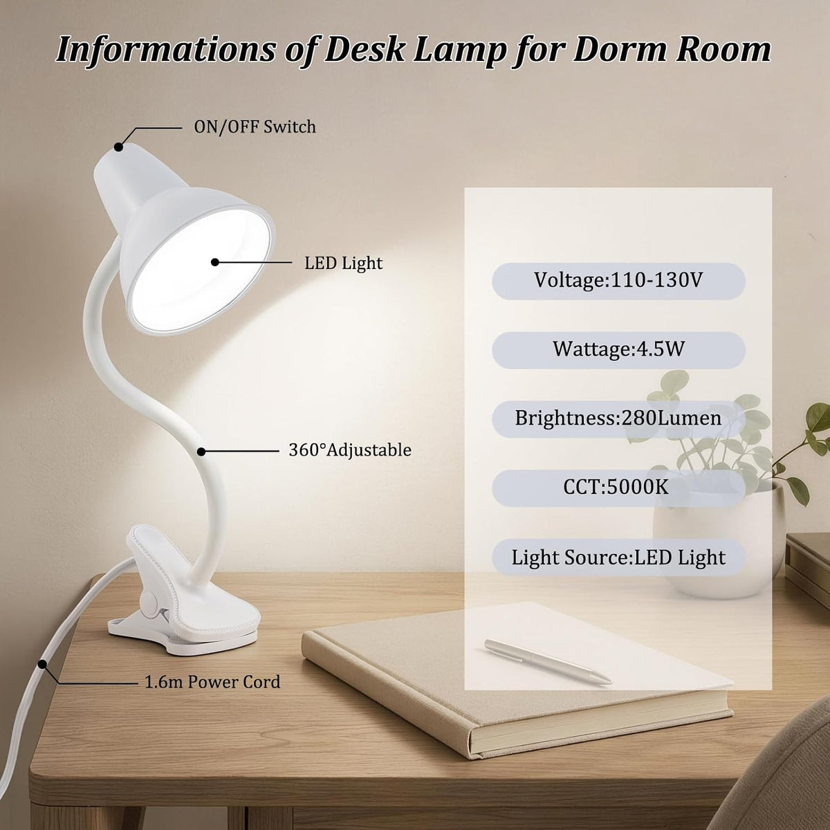 Clip On LED Desk Lamp, Flexible Arm, Eye-Caring Study Lamps for School Dorm