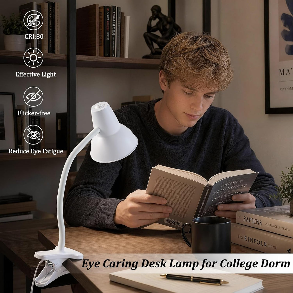 Clip On LED Desk Lamp, Flexible Arm, Eye-Caring Study Lamps for School Dorm