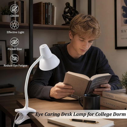 Clip On LED Desk Lamp, Flexible Arm, Eye-Caring Study Lamps for School Dorm
