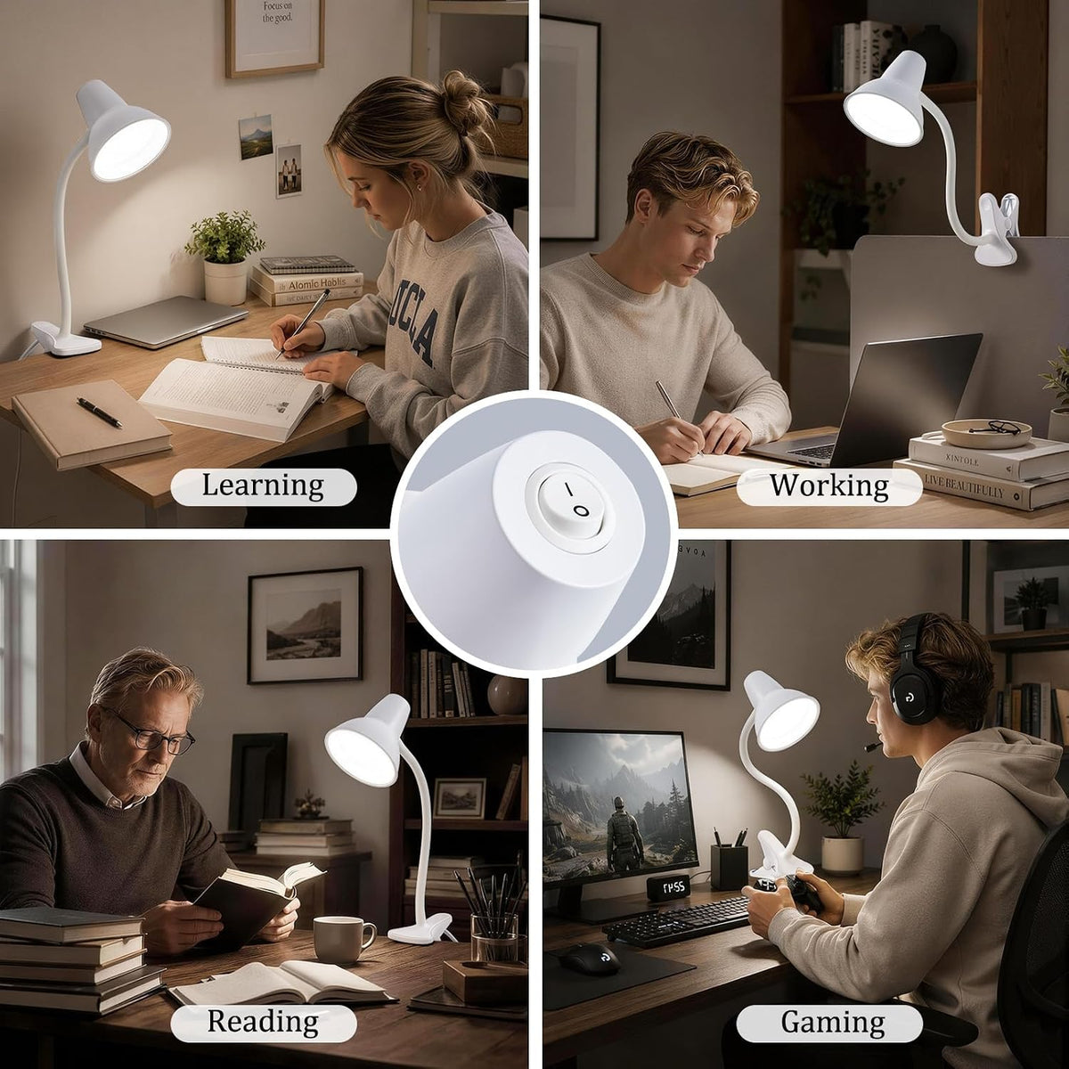 Clip On LED Desk Lamp, Flexible Arm, Eye-Caring Study Lamps for School Dorm