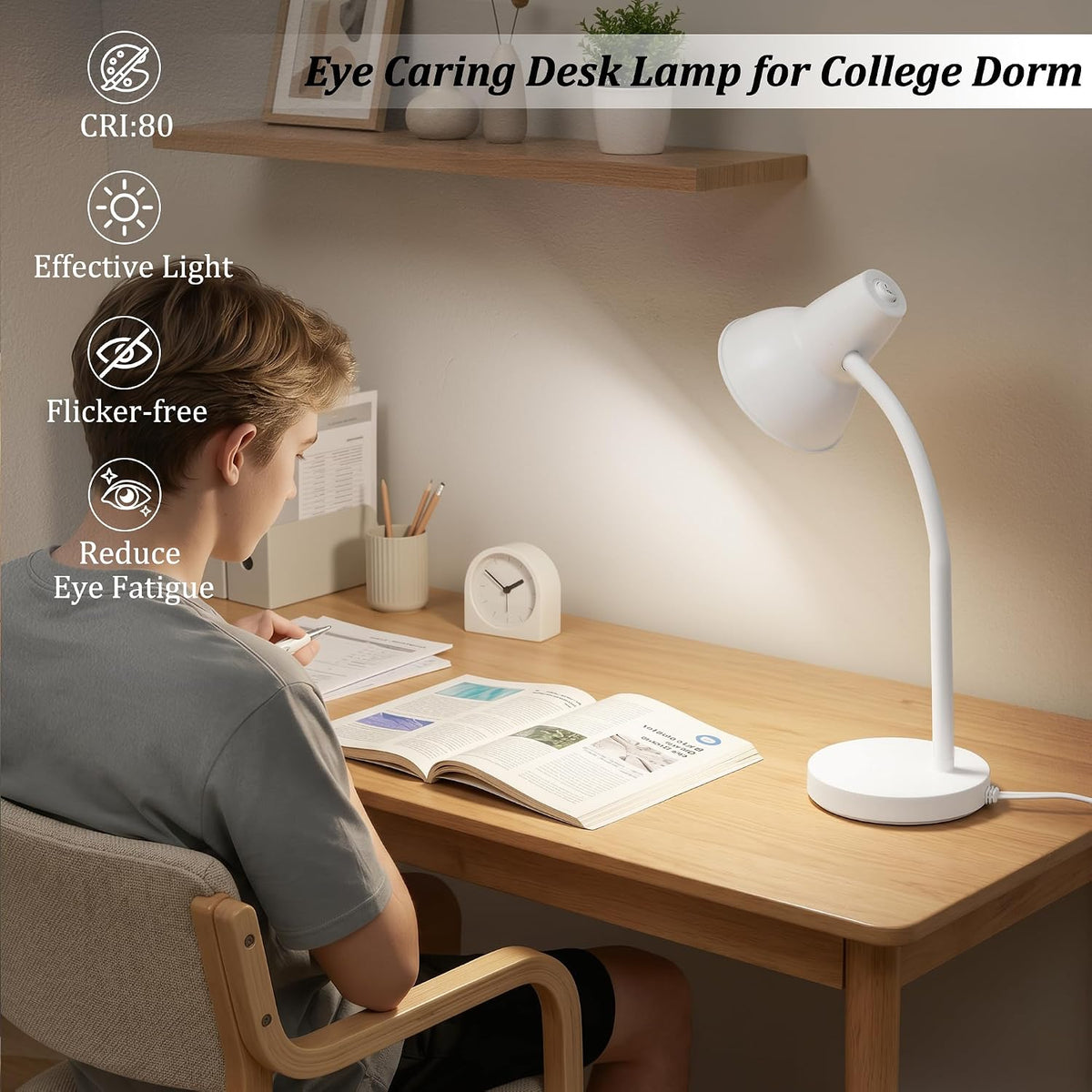 Clip On LED Desk Lamp, Flexible Arm, Eye-Caring Study Lamps for School Dorm