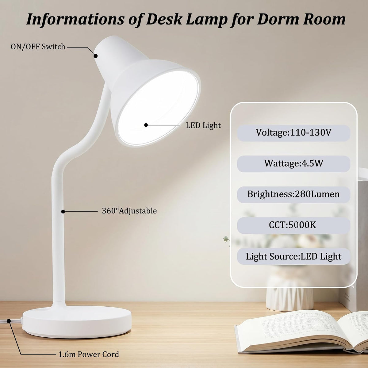 Clip On LED Desk Lamp, Flexible Arm, Eye-Caring Study Lamps for School Dorm