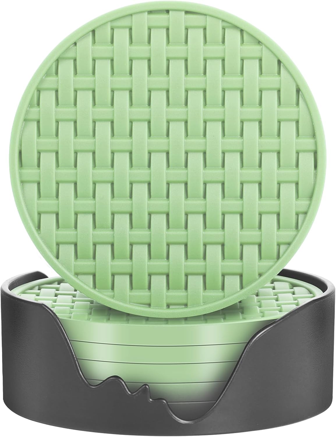 4 Inch Round Green Silicone Drink Coasters Set of 6 with Holder