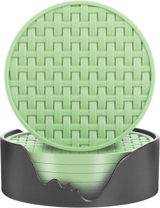 4 Inch Round Green Silicone Drink Coasters Set of 6 with Holder