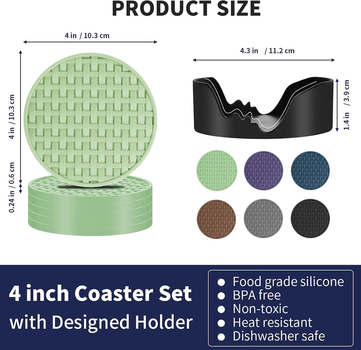4 Inch Round Green Silicone Drink Coasters Set of 6 with Holder