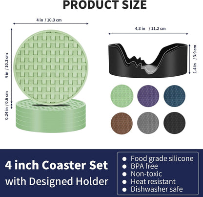 4 Inch Round Green Silicone Drink Coasters Set of 6 with Holder