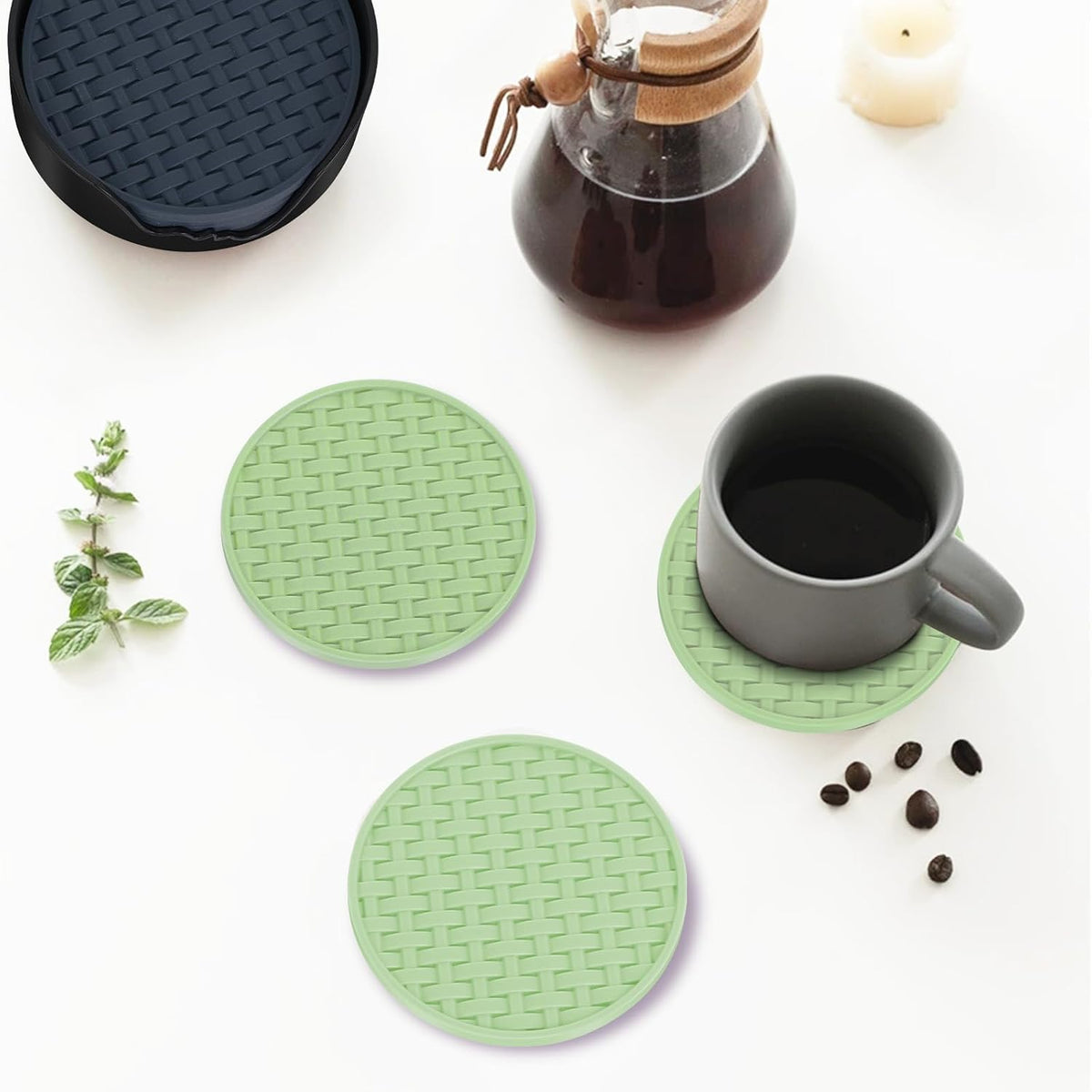 4 Inch Round Green Silicone Drink Coasters Set of 6 with Holder