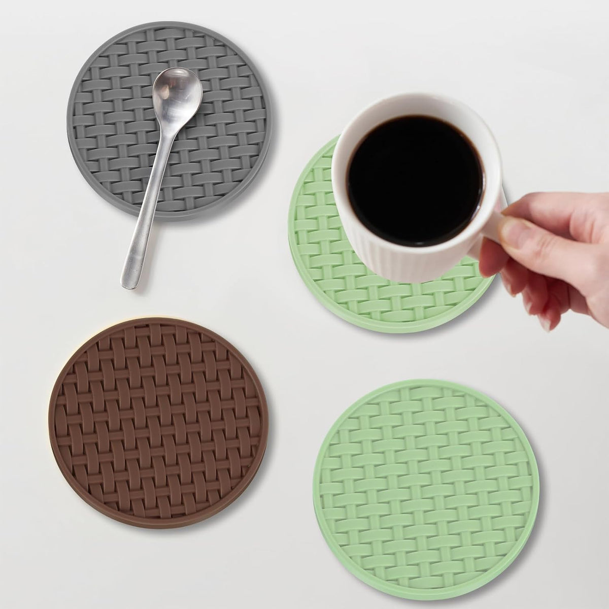 4 Inch Round Green Silicone Drink Coasters Set of 6 with Holder