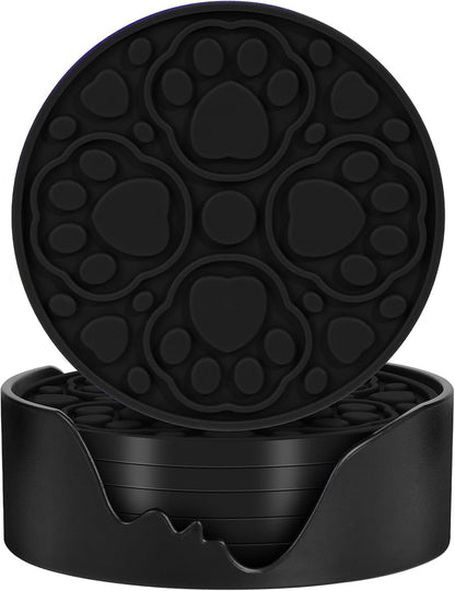 4 Inch Round Green Silicone Drink Coasters Set of 6 with Holder