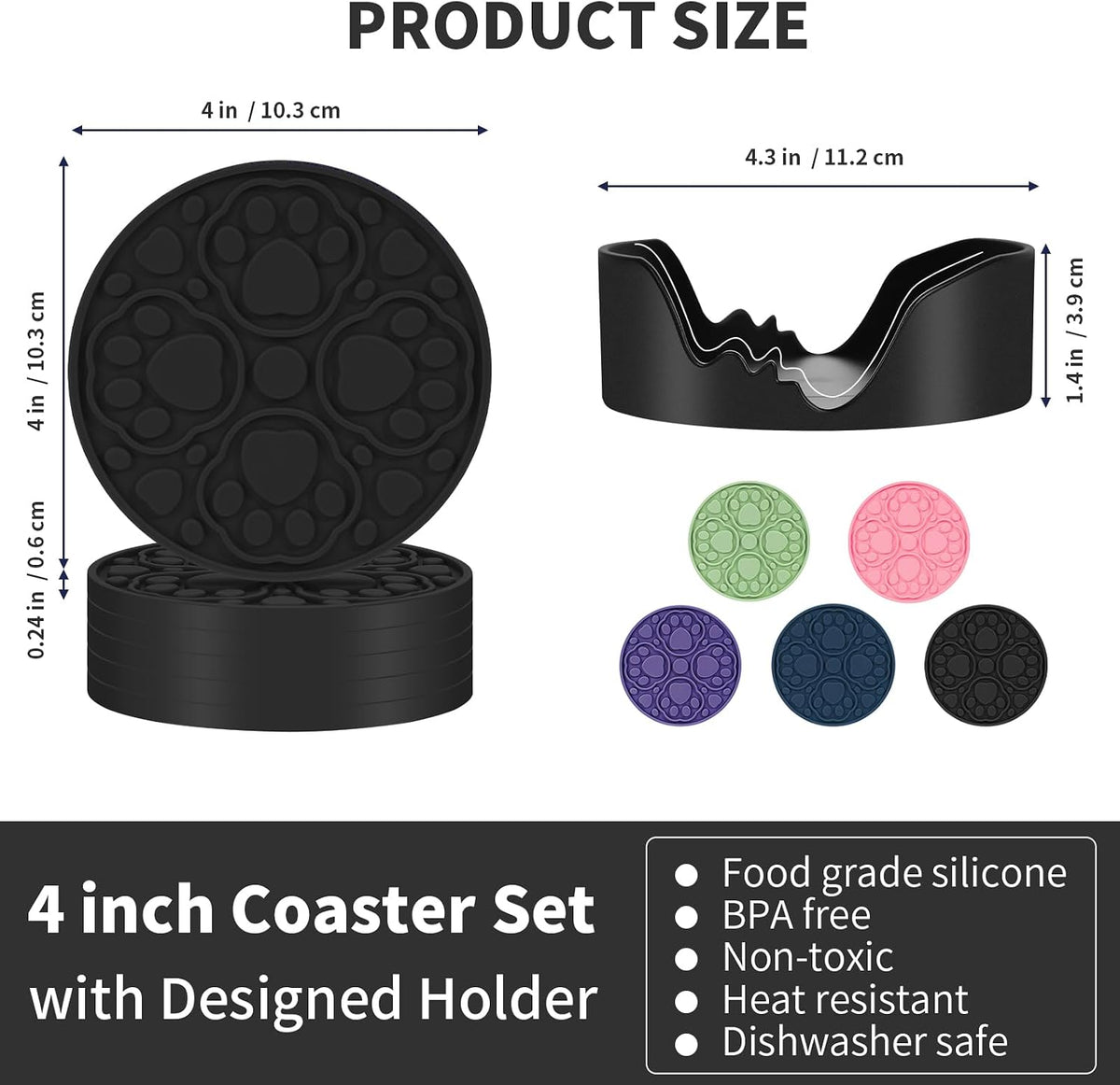 4 Inch Round Green Silicone Drink Coasters Set of 6 with Holder
