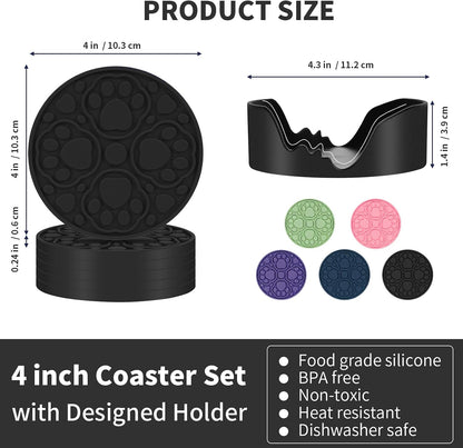 4 Inch Round Green Silicone Drink Coasters Set of 6 with Holder