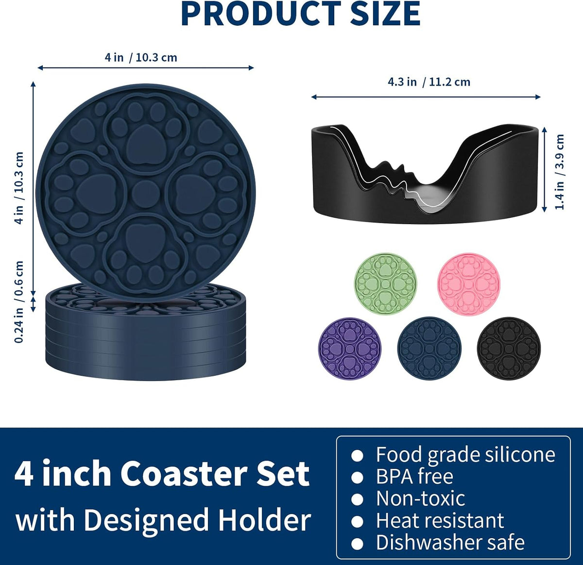 4 Inch Round Green Silicone Drink Coasters Set of 6 with Holder