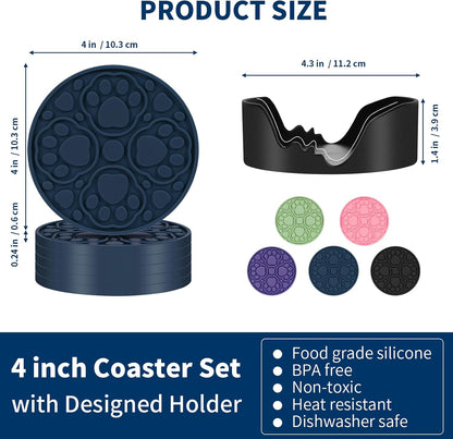 4 Inch Round Green Silicone Drink Coasters Set of 6 with Holder