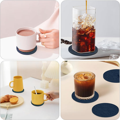 4 Inch Round Green Silicone Drink Coasters Set of 6 with Holder
